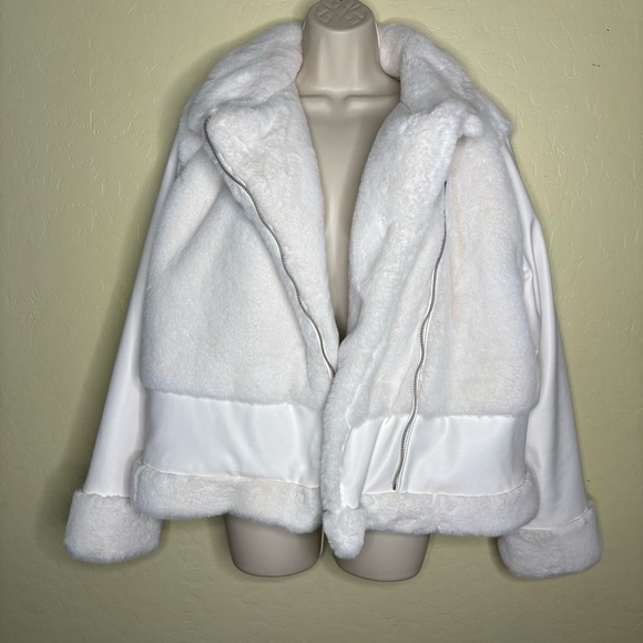 Nine West Cream Faux Fur Moto Jacket Coat Size Large L - Picture 10 of 16